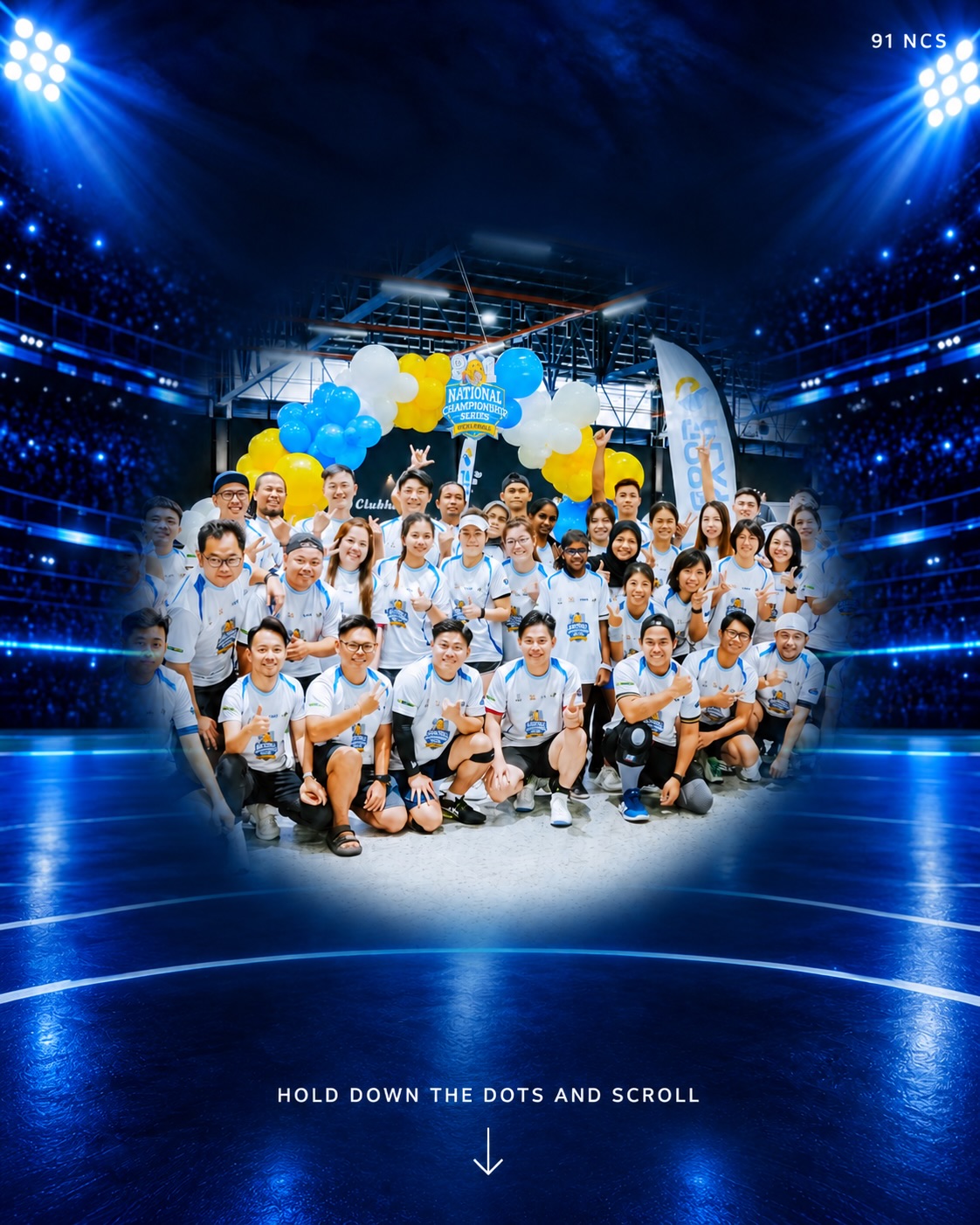 Players and organisers pose together under a National Championship Series balloon arch inside a pickleball hall