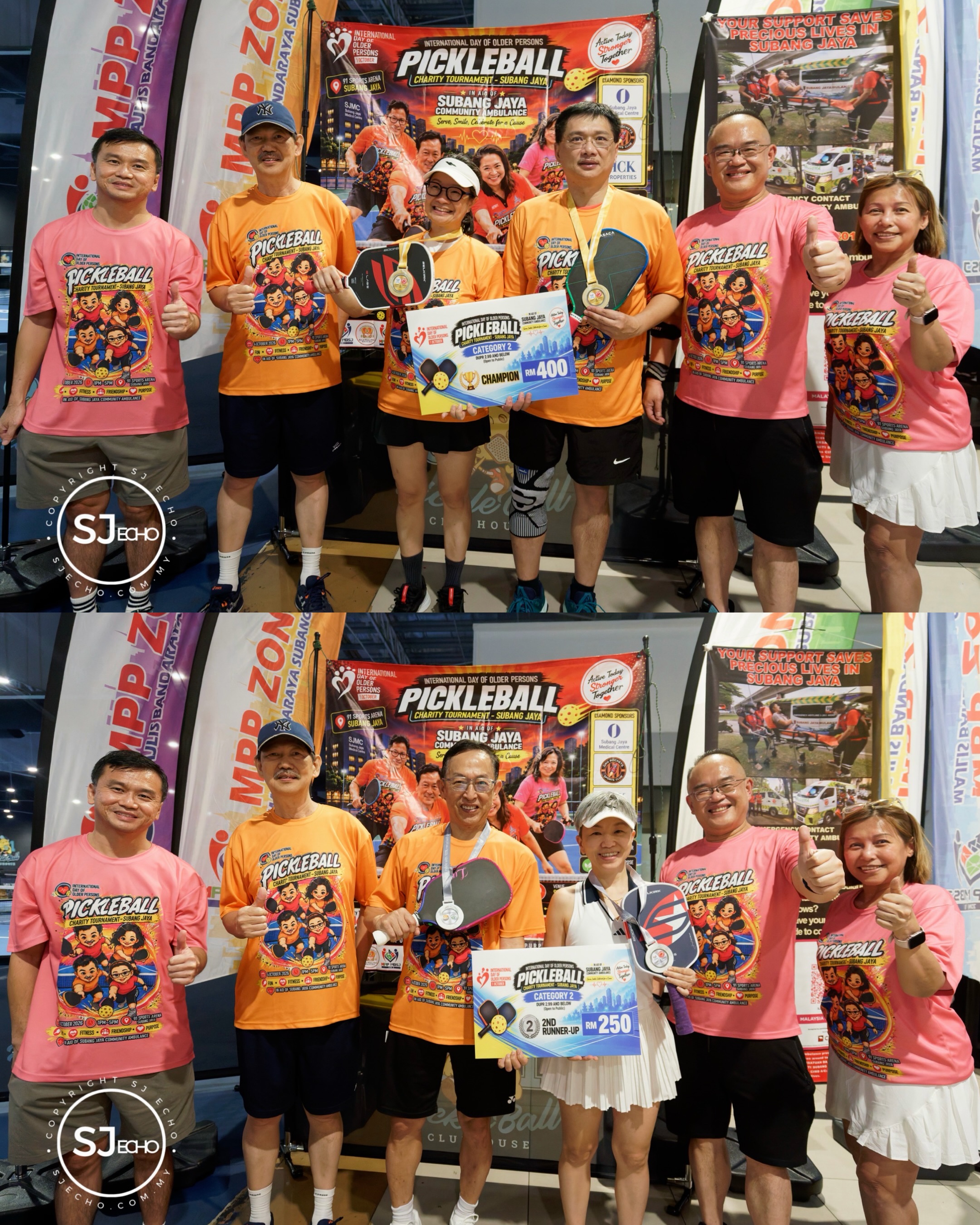 Category 2 champions and runners-up holding medals and prize boards at the Pickleball Charity Tournament in Subang Jaya
