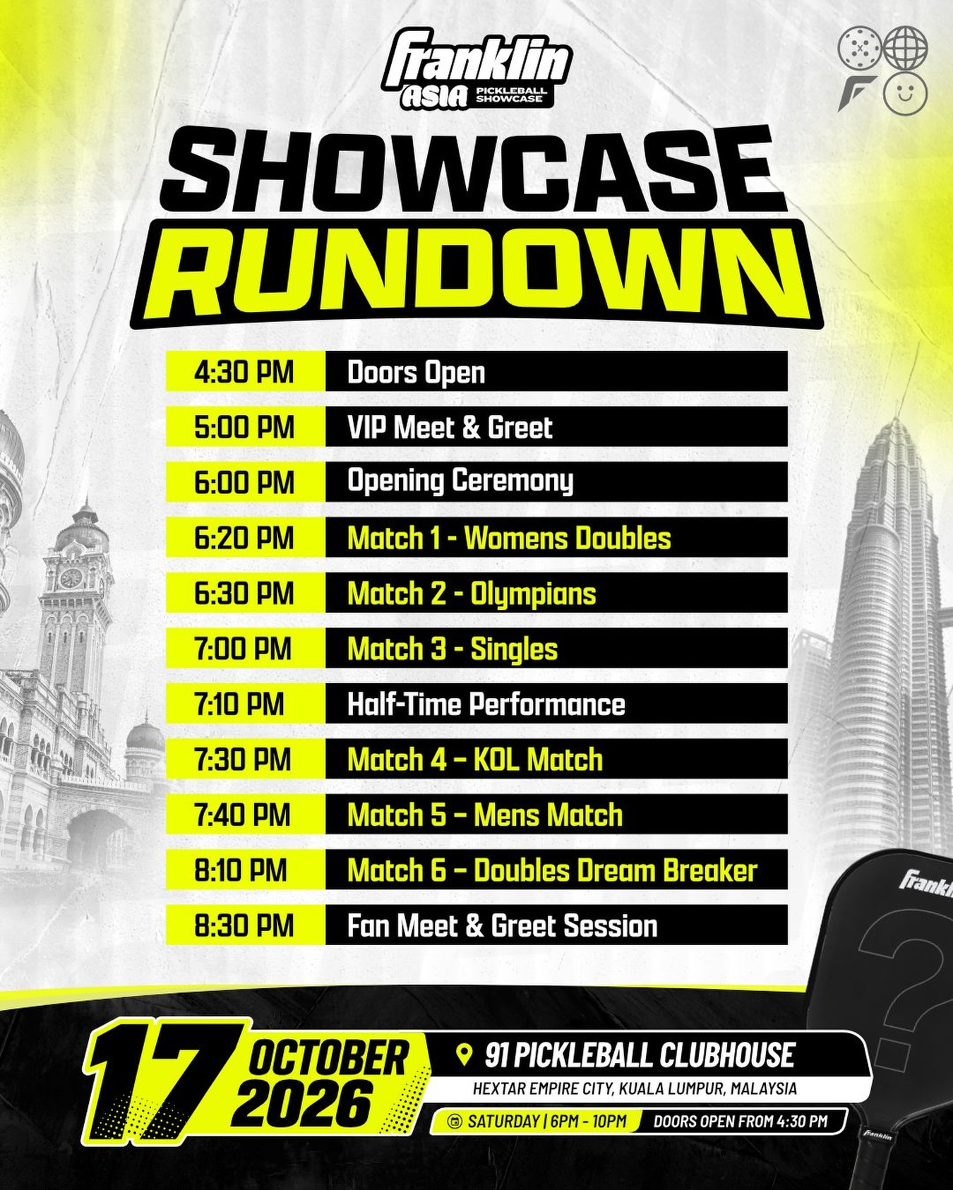 The Franklin Asia Showcase rundown for 17 Oct at 91 Pickleball Clubhouse