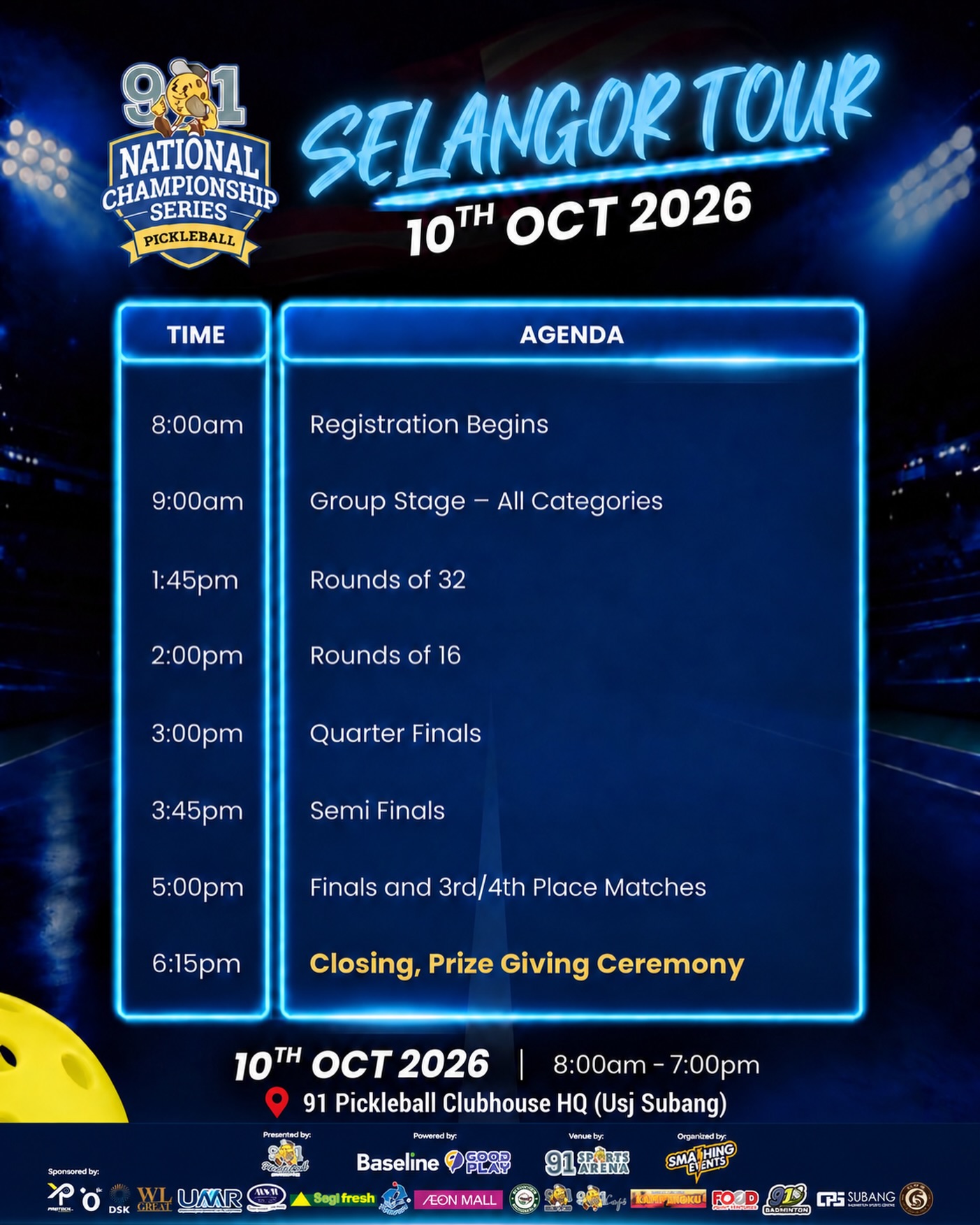 Selangor Tour schedule poster for 10 Oct 2026 listing the day's agenda from registration at 8am to prize giving at 6:15pm