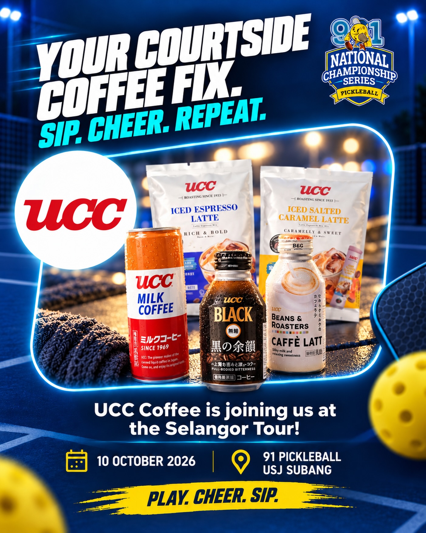 Poster announcing UCC Coffee at the Selangor Tour on 10 October 2026, showing canned and bottled UCC coffee drinks