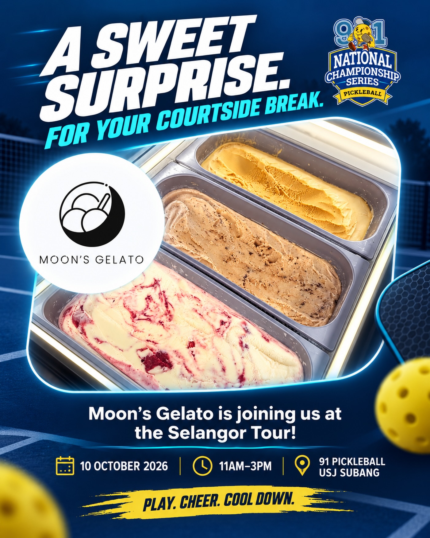 Poster announcing Moon's Gelato at the Selangor Tour on 10 October 2026, 11am to 3pm, showing trays of gelato