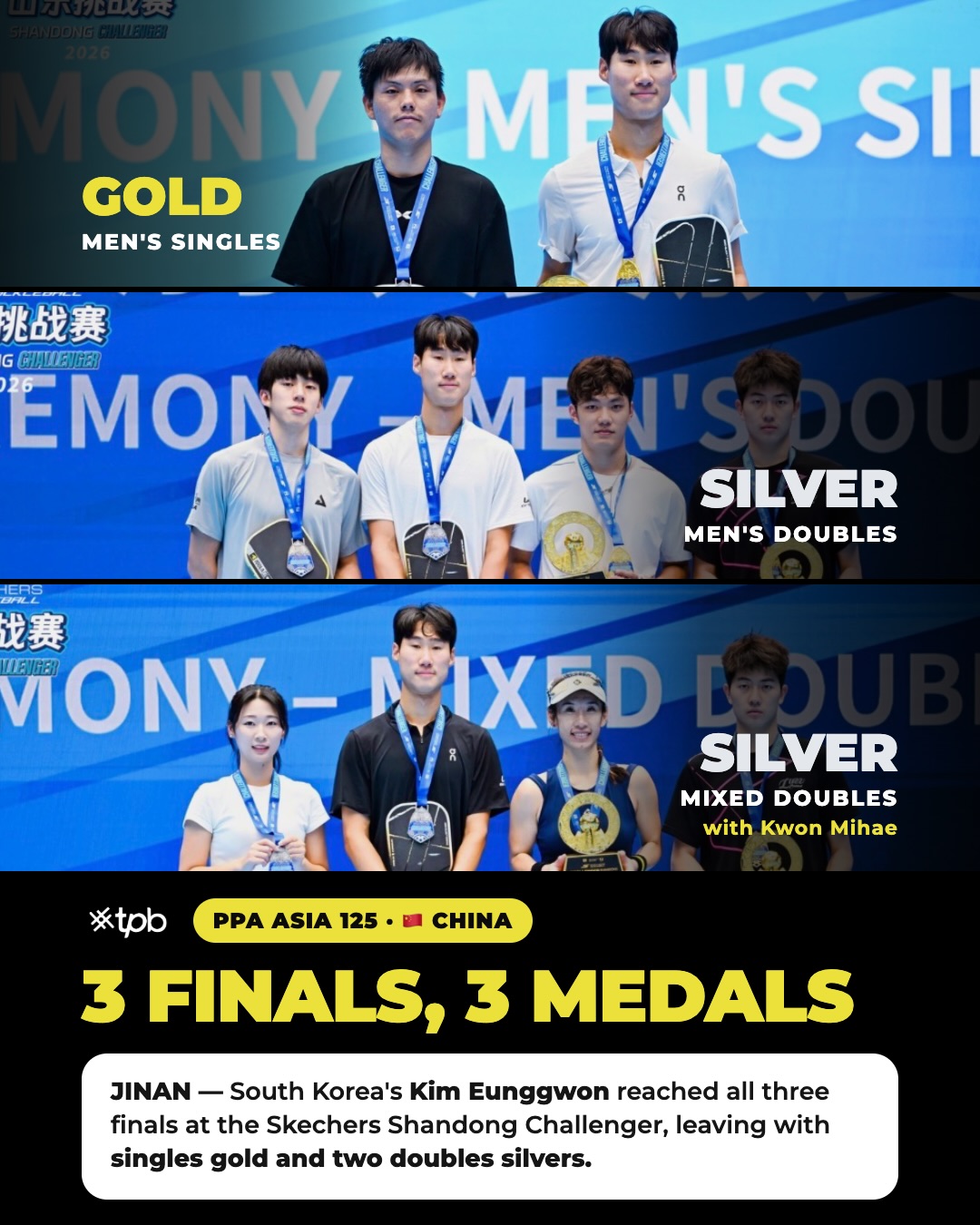 Podium graphic showing gold in Men's Singles, silver in Men's Doubles and silver in Mixed Doubles at the Shandong Challenger