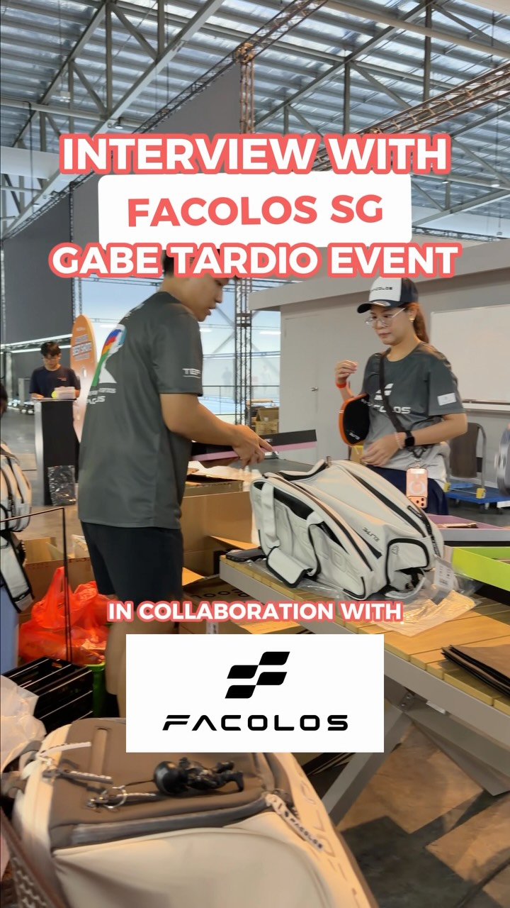 Two people in grey shirts at a table with white Facolos paddle bags, under the text Interview with Facolos SG, Gabe Tardio Event