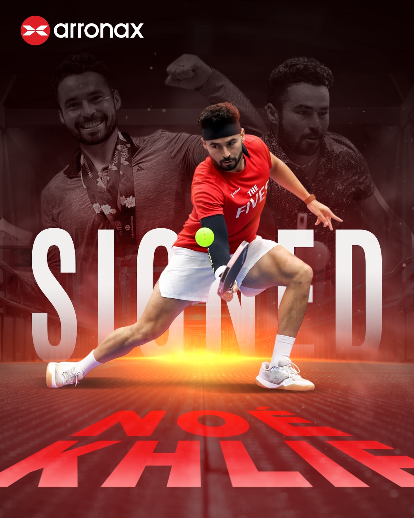 Noe Khlif in a red The Fives shirt, mid-backhand, on Arronax's Signed announcement poster