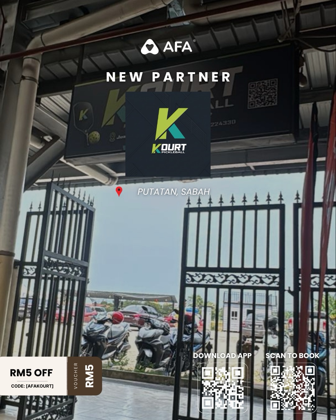 The Kourt Pickleball signboard above the entrance gate in Putatan, Sabah