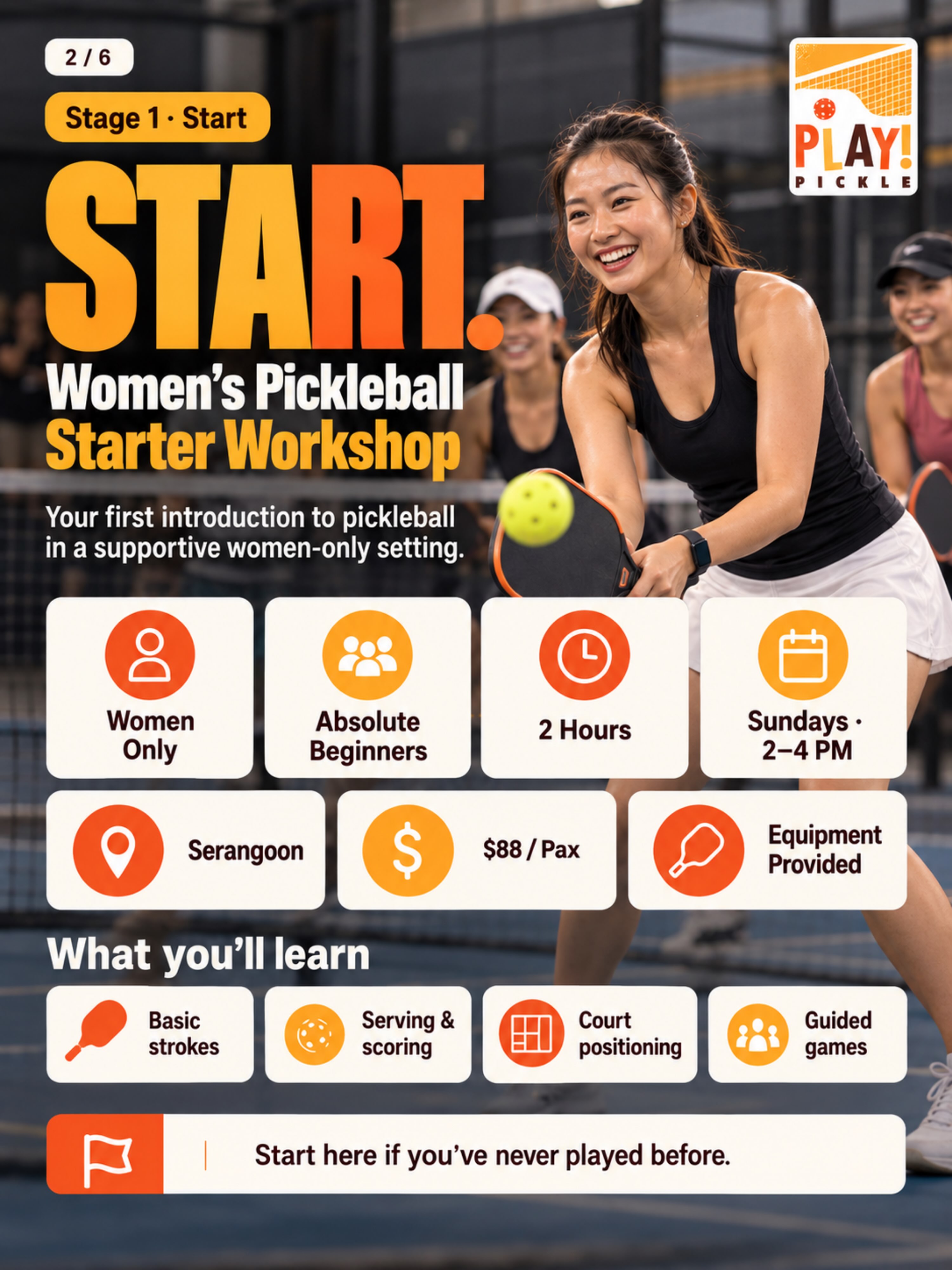 The Stage 1 Start graphic for the Women's Pickleball Starter Workshop.