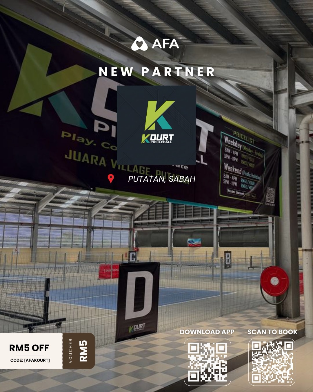 A Kourt Pickleball pricelist banner hanging above the courts at Juara Village, Putatan
