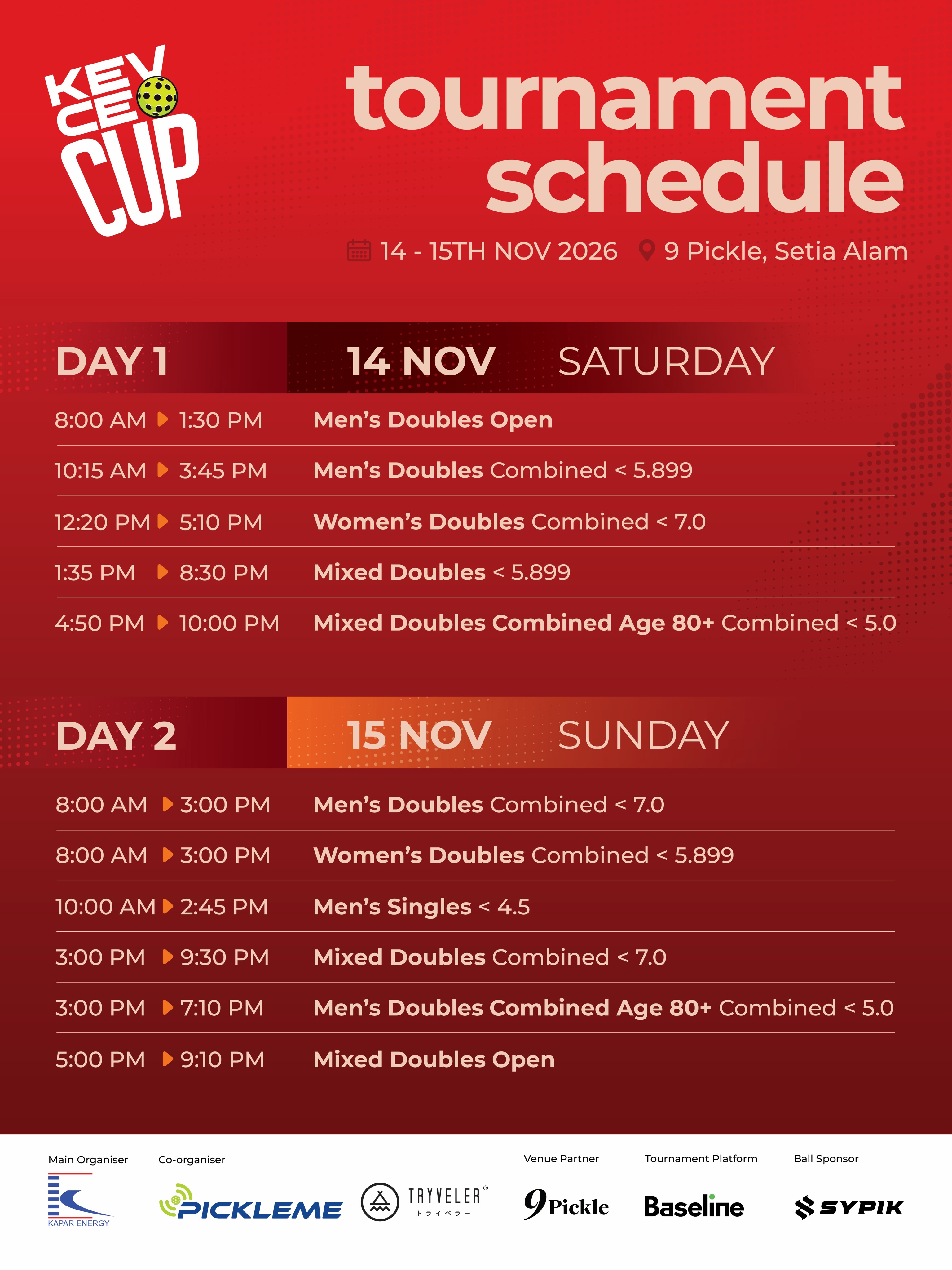 KEV CEO Cup tournament schedule for 14 and 15 Nov