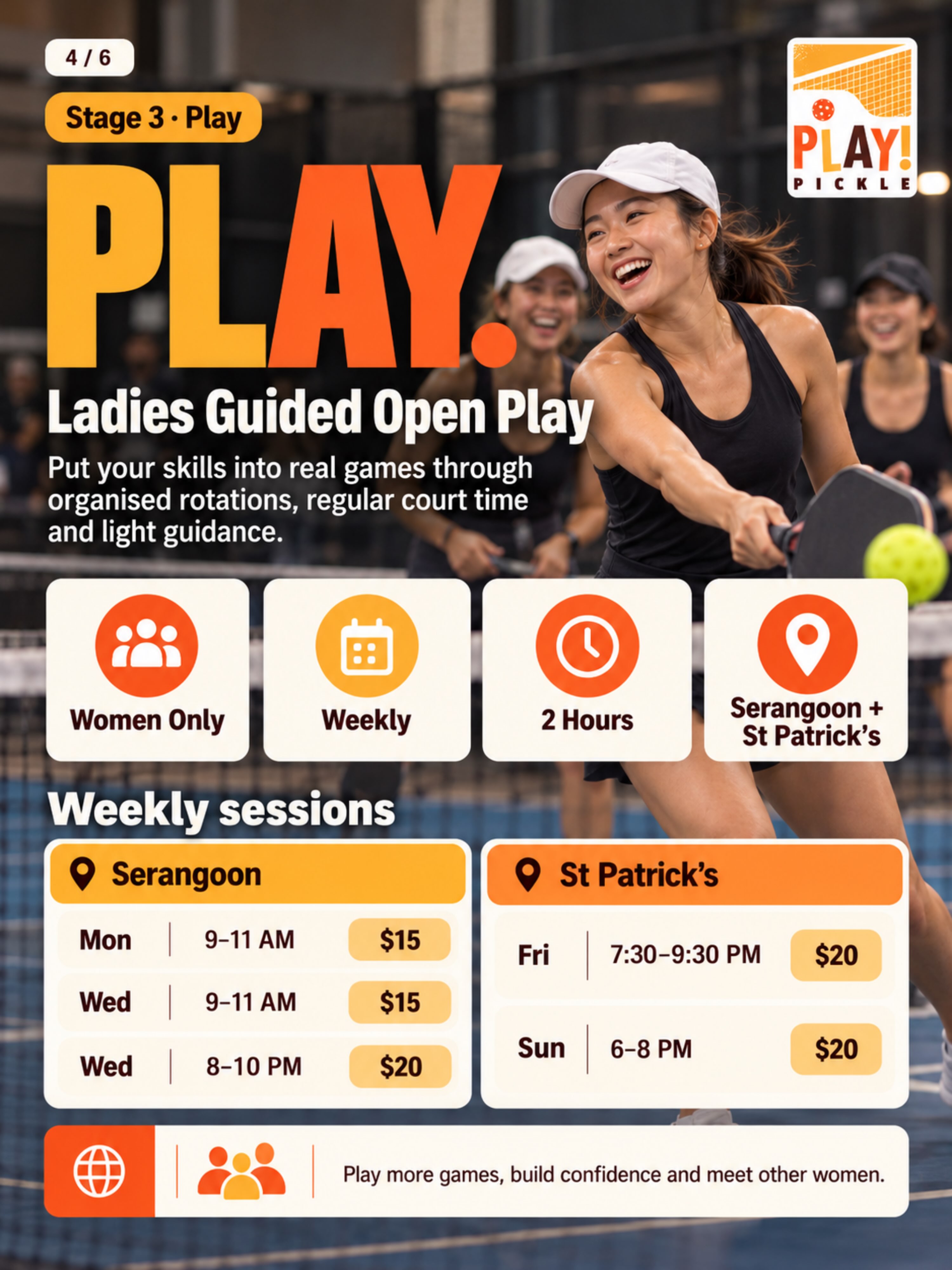 The Stage 3 Play graphic listing weekly Ladies Guided Open Play sessions at Serangoon and St Patrick's.