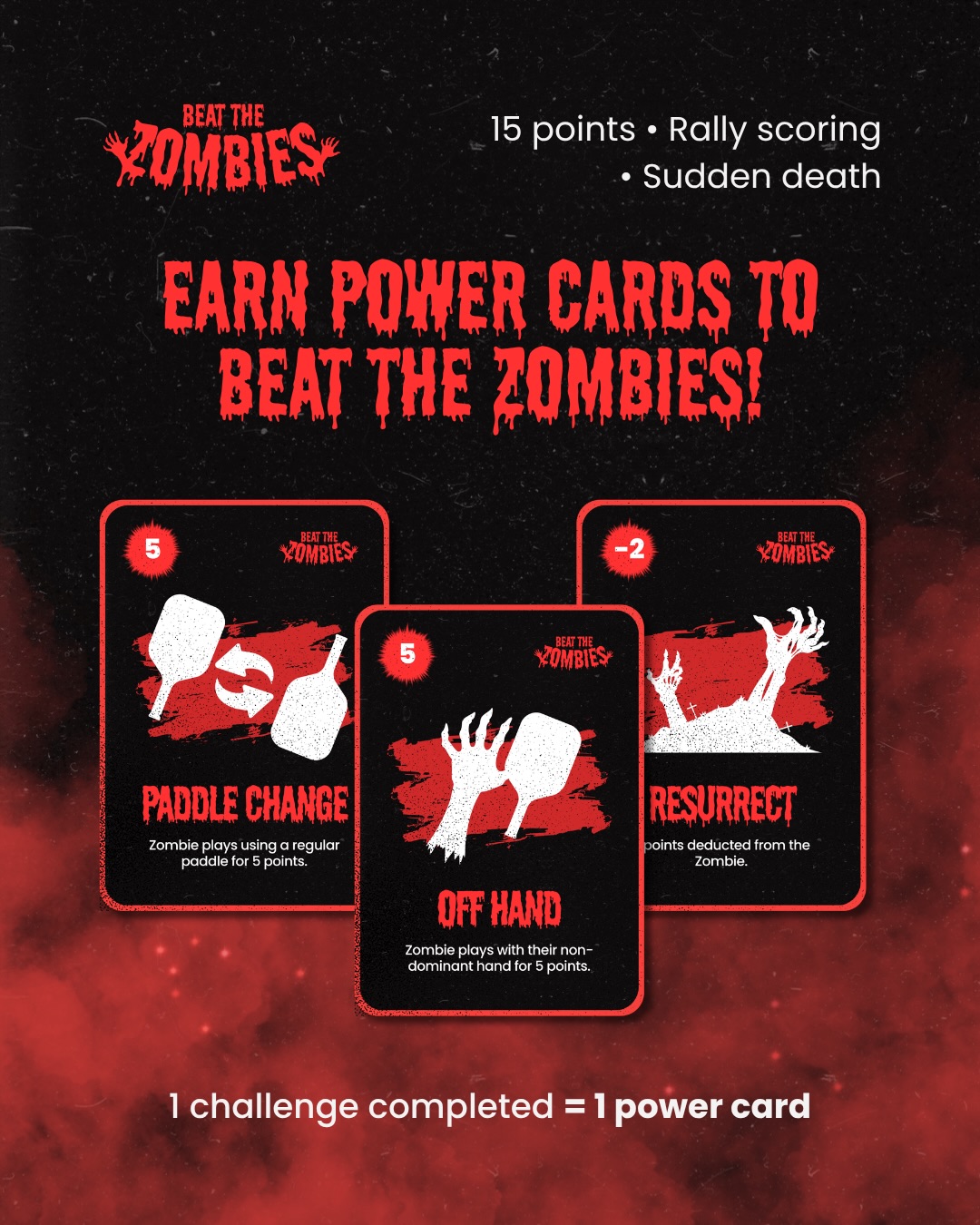 Beat the Zombies Power Cards graphic showing Paddle Change, Off Hand and Resurrect cards