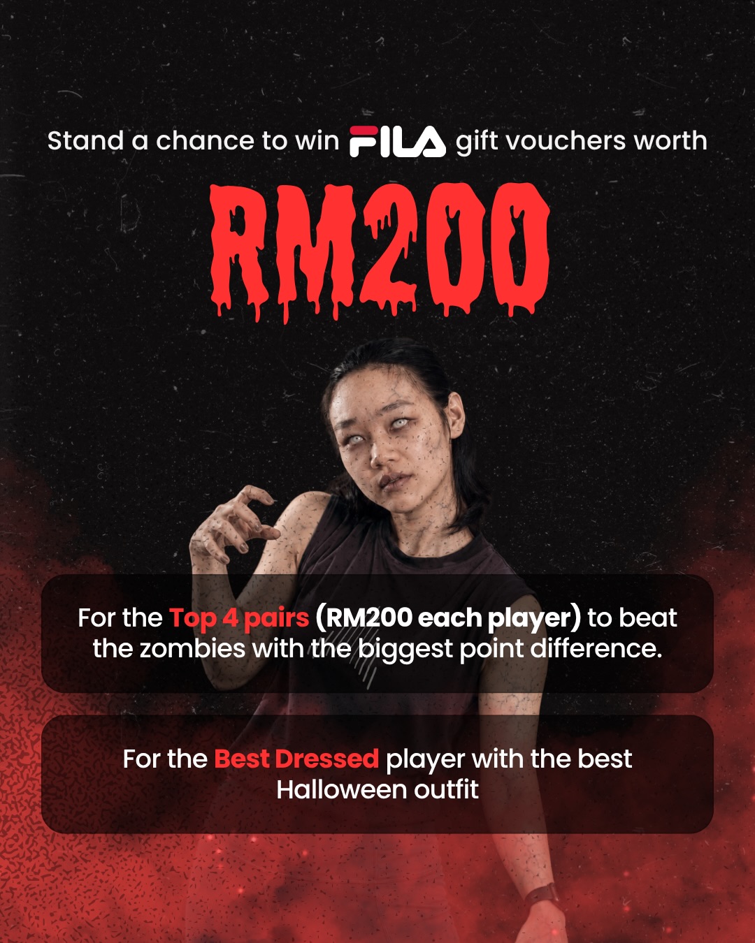 PJ Collective graphic announcing FILA gift vouchers worth RM200 for the top 4 pairs and the best-dressed player