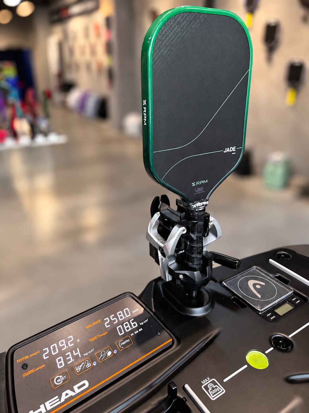 An RPM Jade paddle clamped in a HEAD measuring device in the Picklr Picklr store