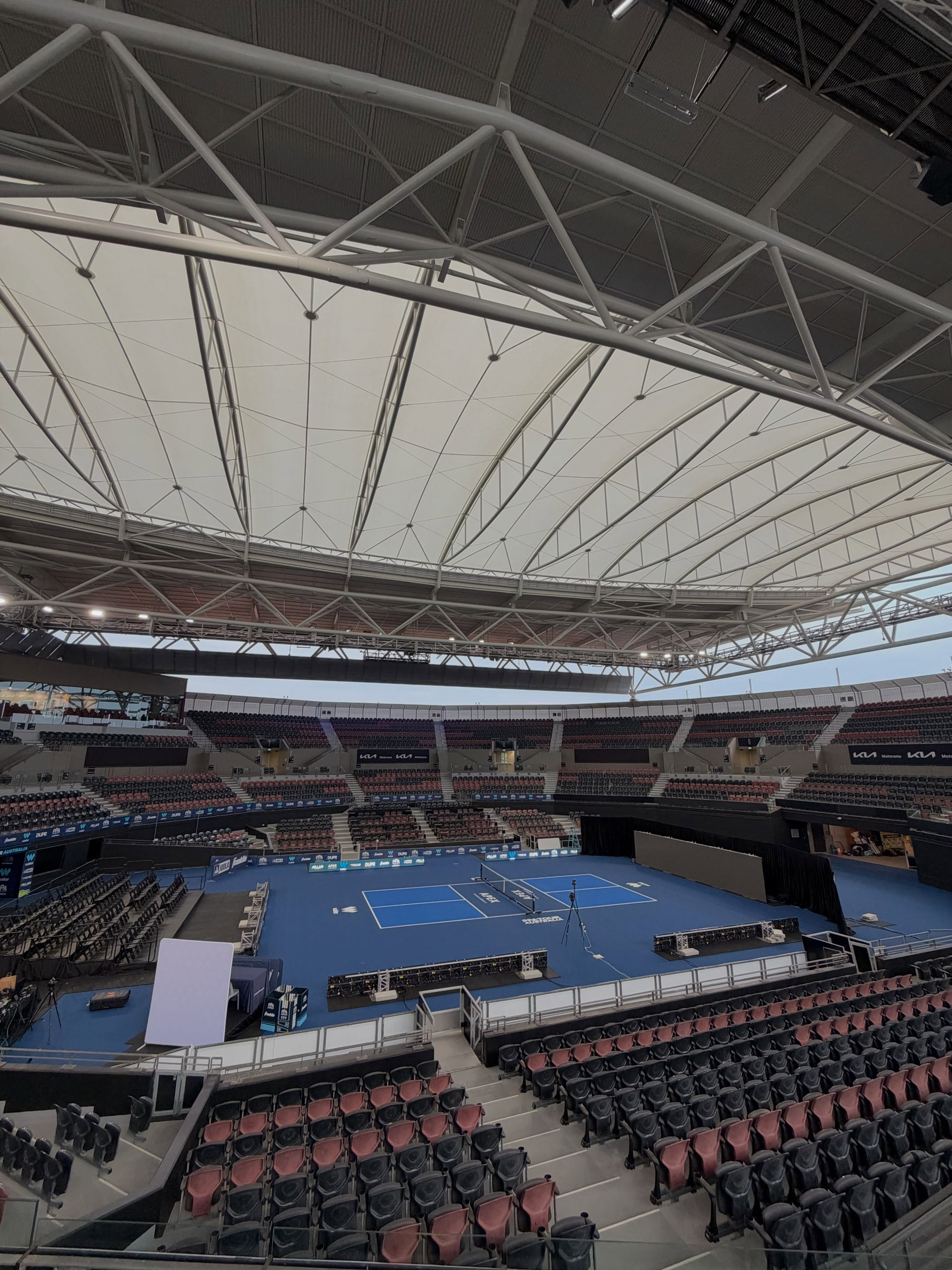 What appears to be Pat Rafter Arena, from the stands before the event.