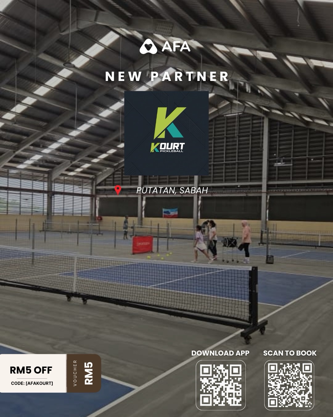 A coach and children on a court inside the Kourt Pickleball hall in Putatan, Sabah, under an AFA New Partner graphic