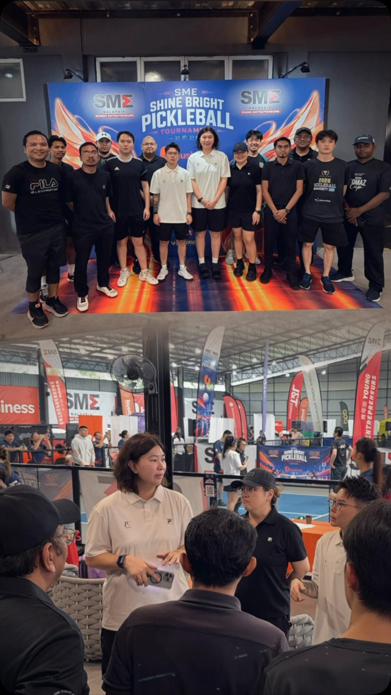 PxRef officials posing on the SME Shine Bright Pickleball Tournament stage and talking on court