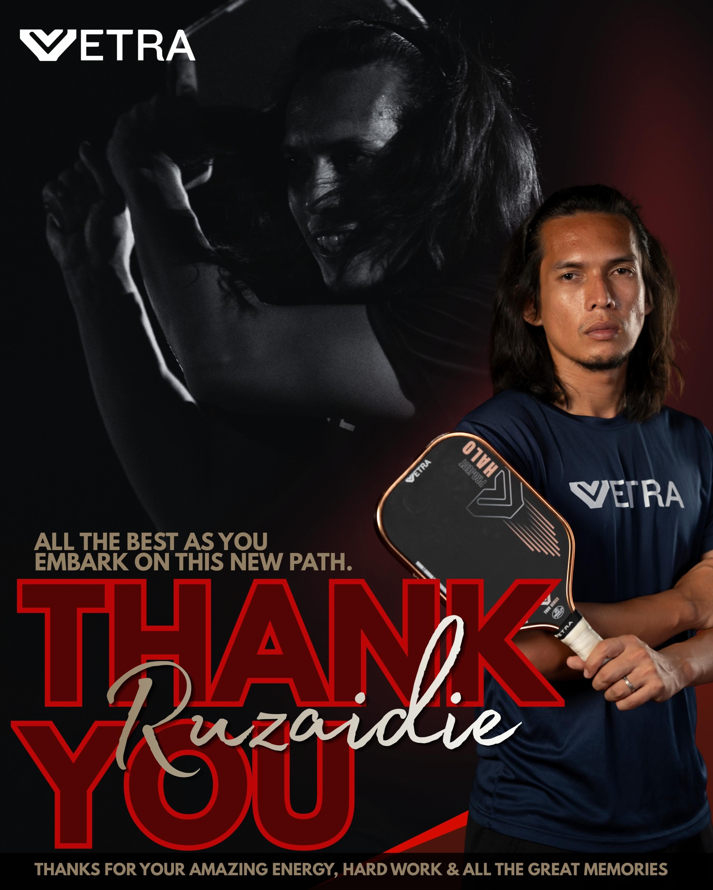 Ruzaidie in a Vetra shirt holding a Project Halo paddle, beside the words Thank You Ruzaidie