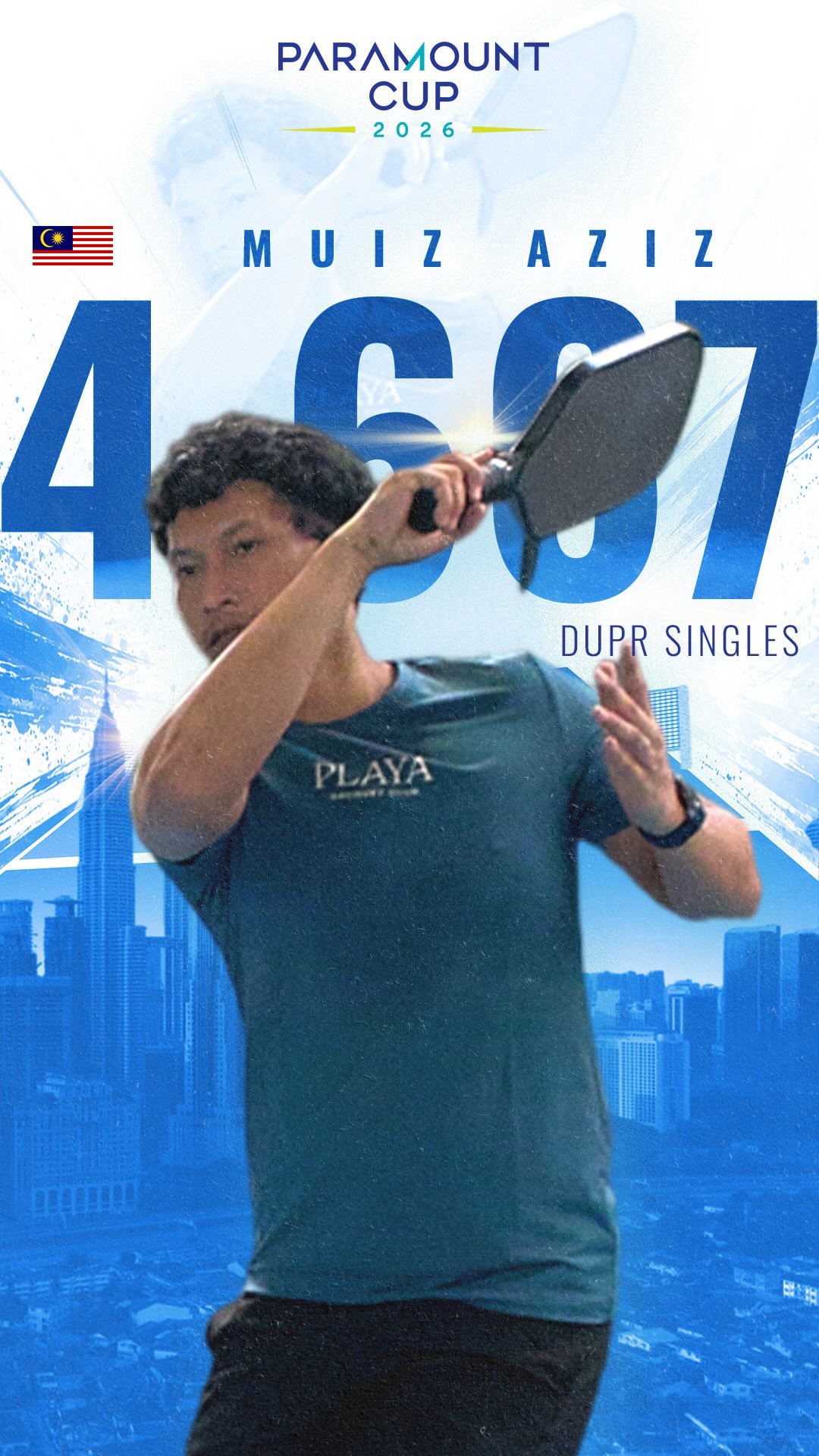 Paramount Cup 2026 player graphic for Muiz Aziz showing a DUPR singles rating of 4.607