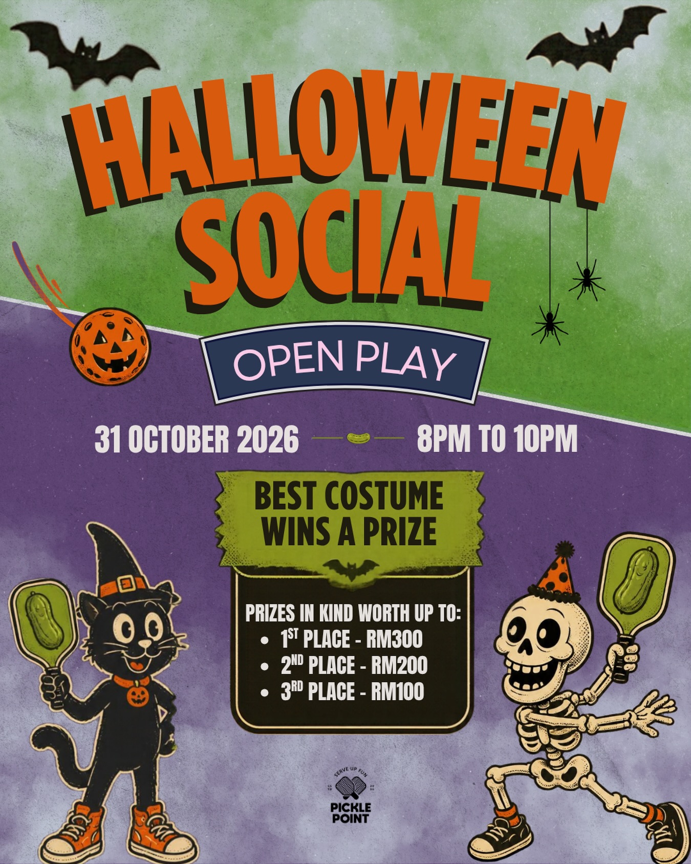 Pickle Point MY Halloween Social Open Play poster, 31 October 2026, 8pm to 10pm, with best costume prizes