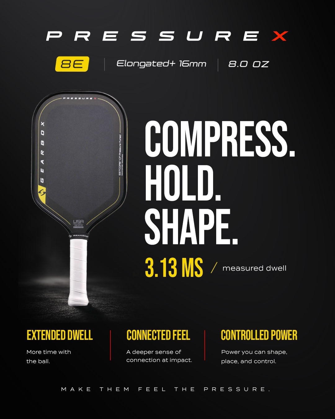 Gearbox Pressure X 8E graphic showing Elongated+ 16mm, 8.0 oz and 3.13 ms measured dwell