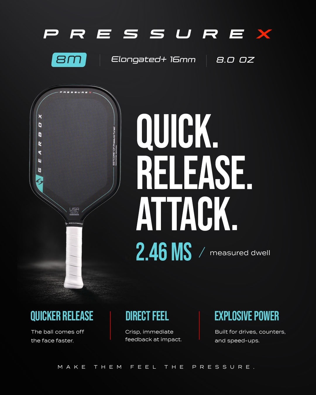 Gearbox Pressure X 8M graphic showing Elongated+ 16mm, 8.0 oz and 2.46 ms measured dwell