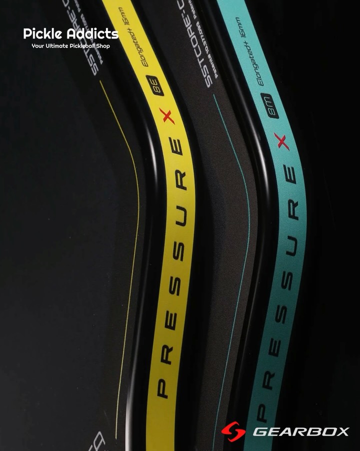 Close-up of the yellow 8E and teal 8M Pressure X paddle edges in a Pickle Addicts graphic