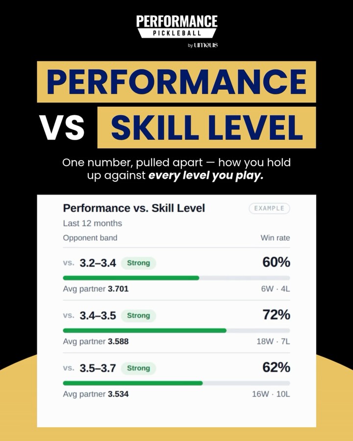 Performance vs Skill Level example screen showing win rates by opponent rating band