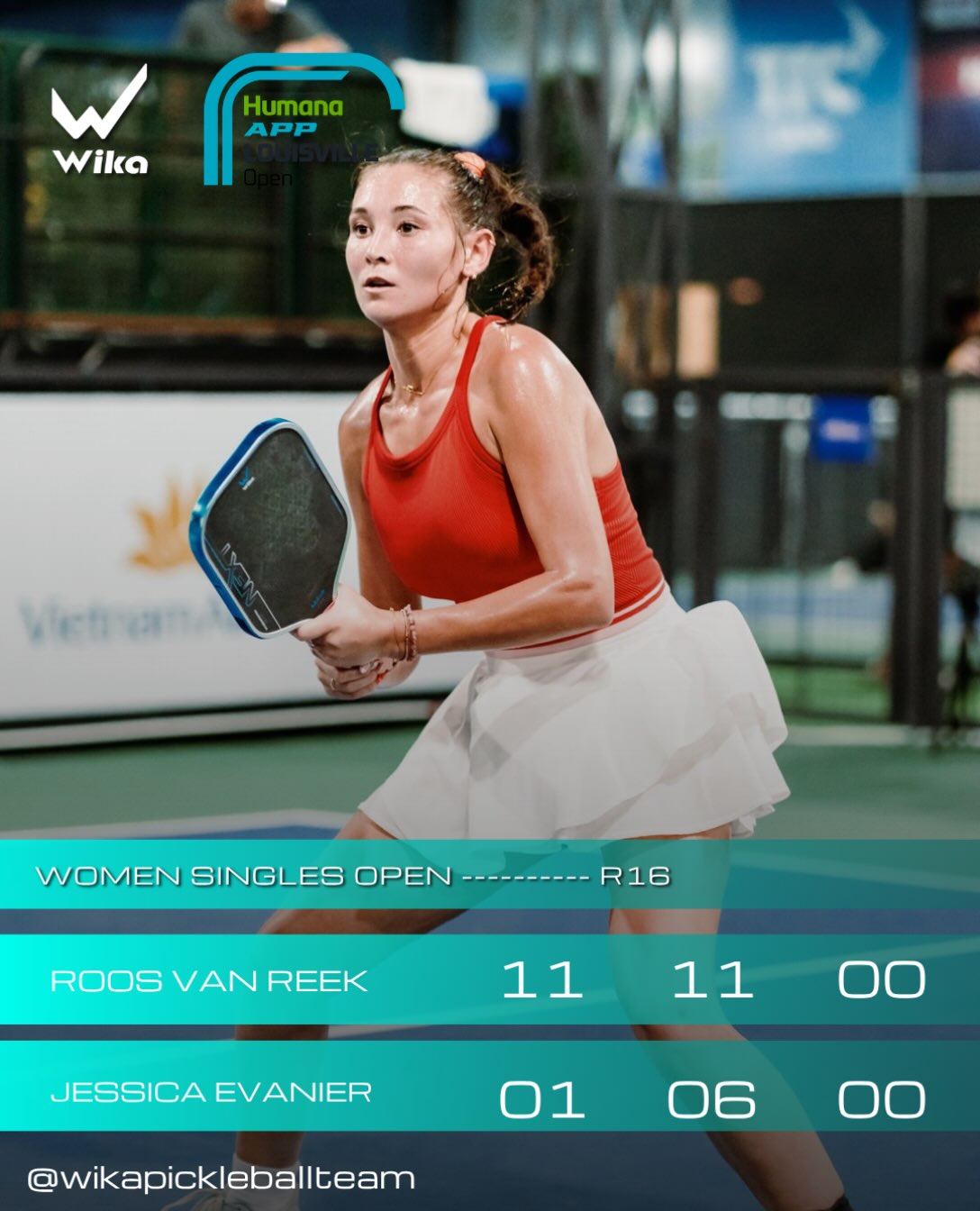 Wika graphic of the women's singles round of 16 scoreboard showing 11-1, 11-6 over Jessica Evanier