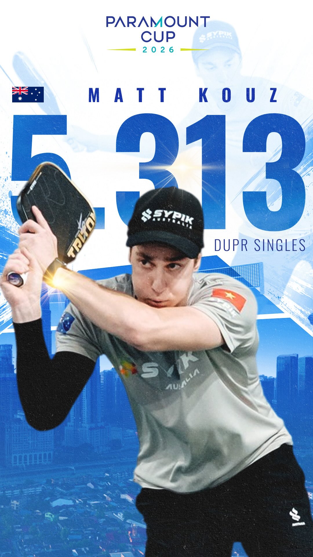 Matt Kouznetsov in a Sypik Australia cap on a Paramount Cup 2026 graphic showing a DUPR singles rating of 5.313