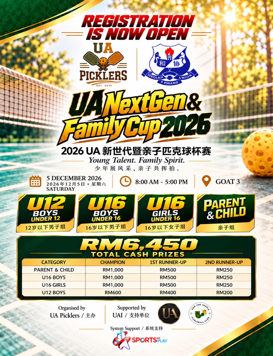 Official poster for the UA NextGen & Family Cup 2026 showing the 5 Dec date, four categories and the RM6,450 prize table