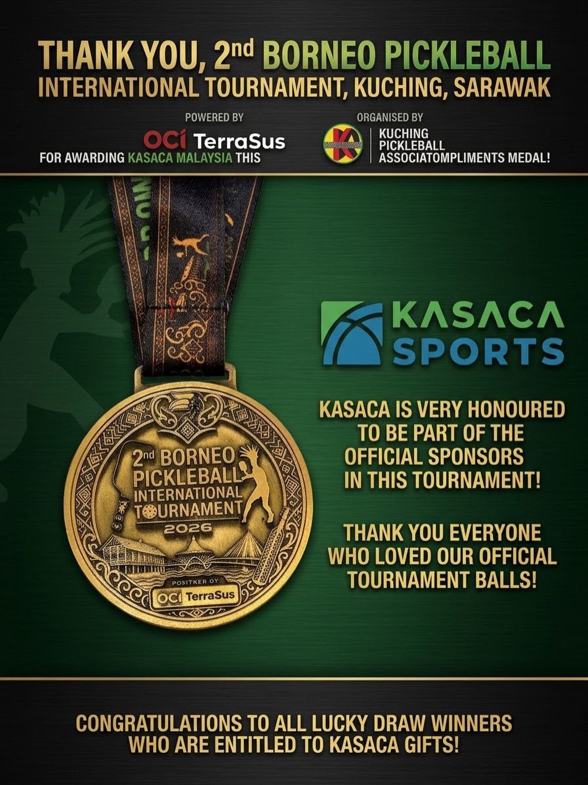 Kasaca thank-you graphic showing the 2nd Borneo Pickleball International Tournament 2026 medal