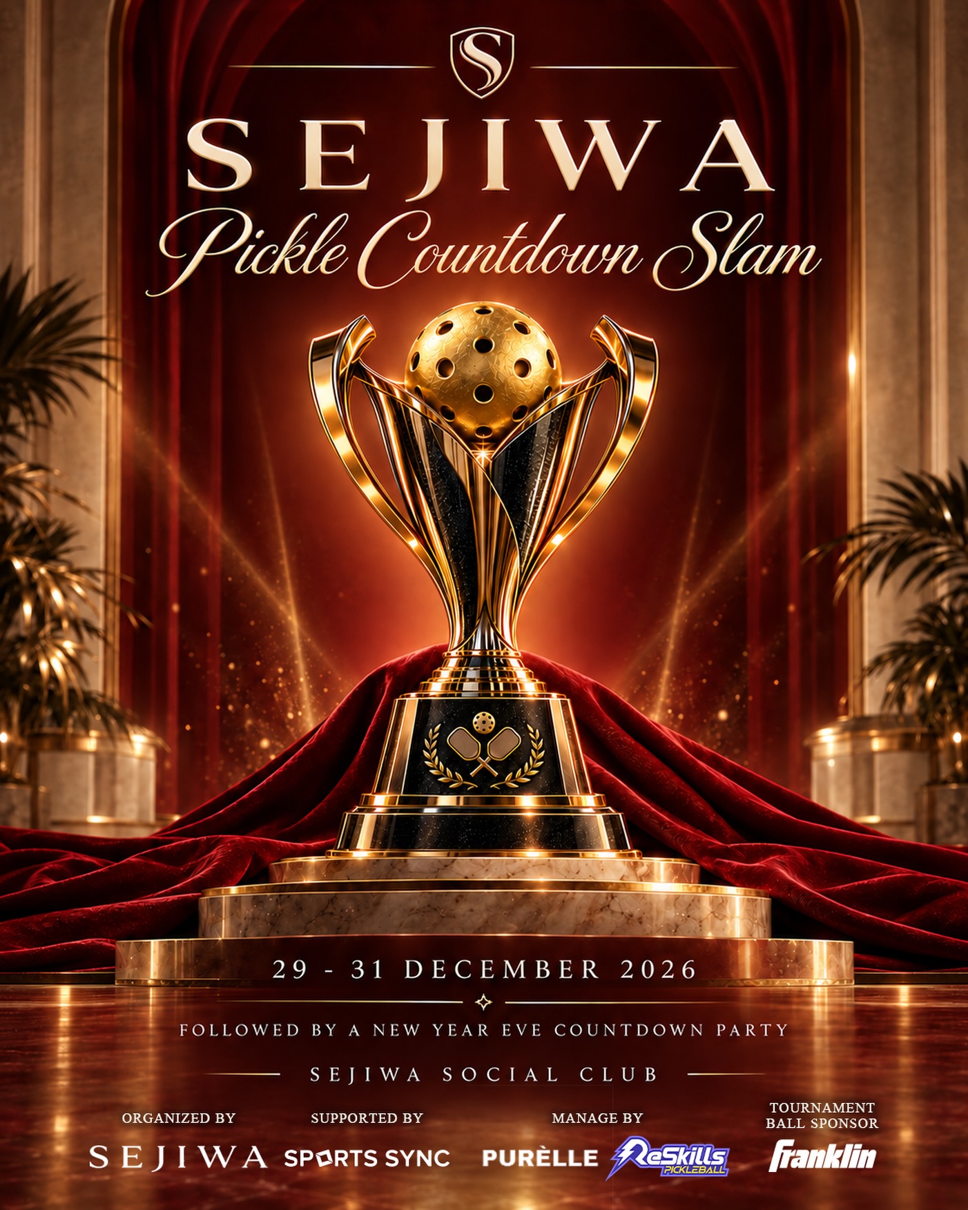 Poster for the SEJIWA Pickle Countdown Slam 2026, showing a golden trophy and the dates 29 to 31 December 2026