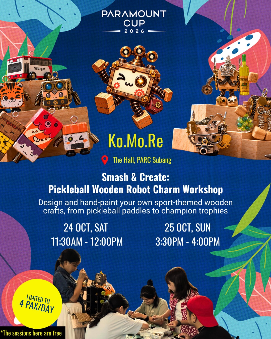 Ko.Mo.Re Smash and Create pickleball wooden robot charm workshop poster