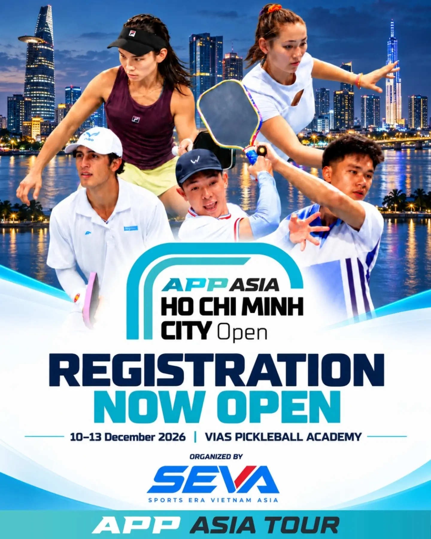 Registration now open poster for the APP Asia Ho Chi Minh City Open 2026, 10 to 13 Dec 2026 at VIAS Pickleball Academy