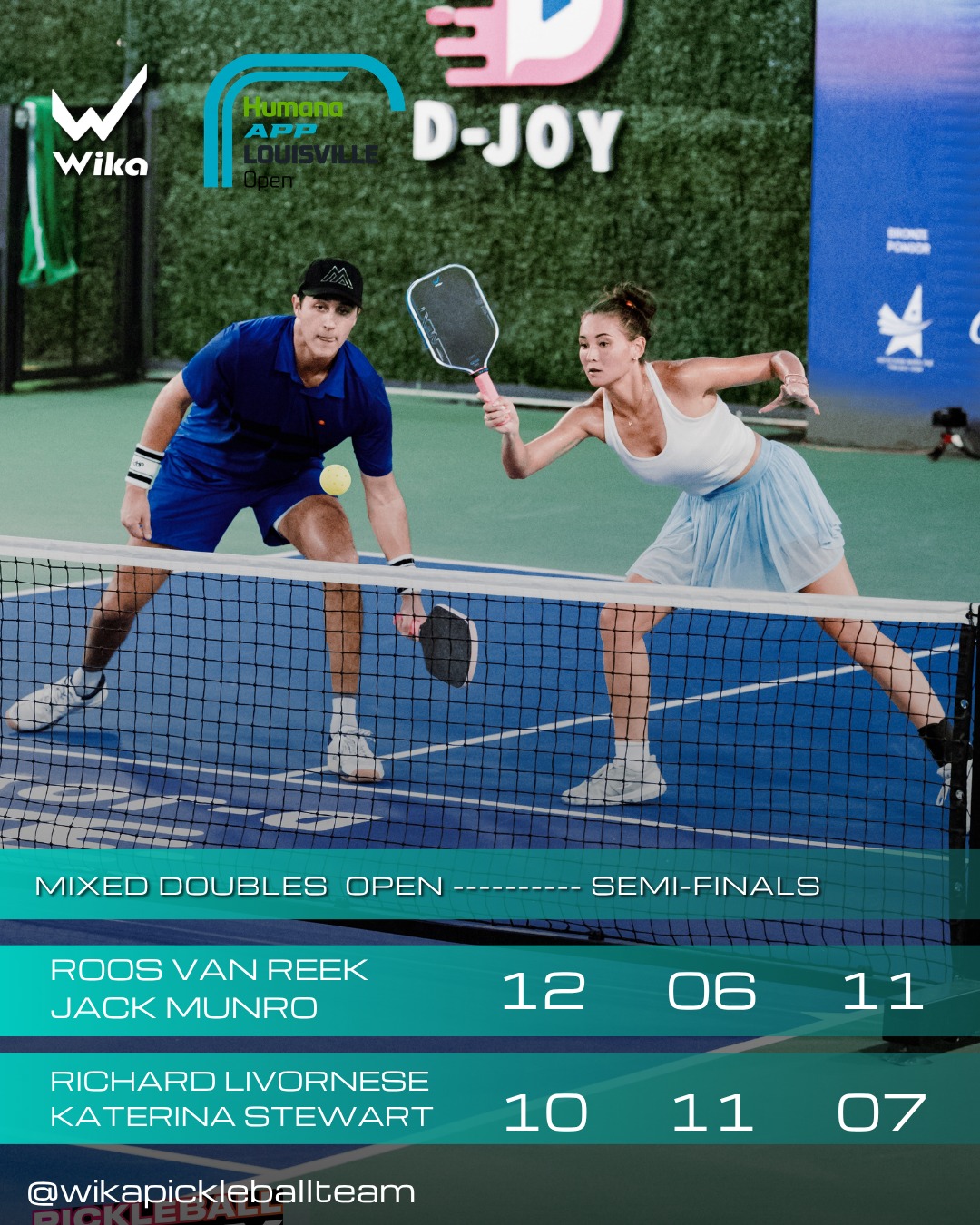 Wika graphic of the mixed doubles semifinal scoreboard showing 12-10, 6-11, 11-7