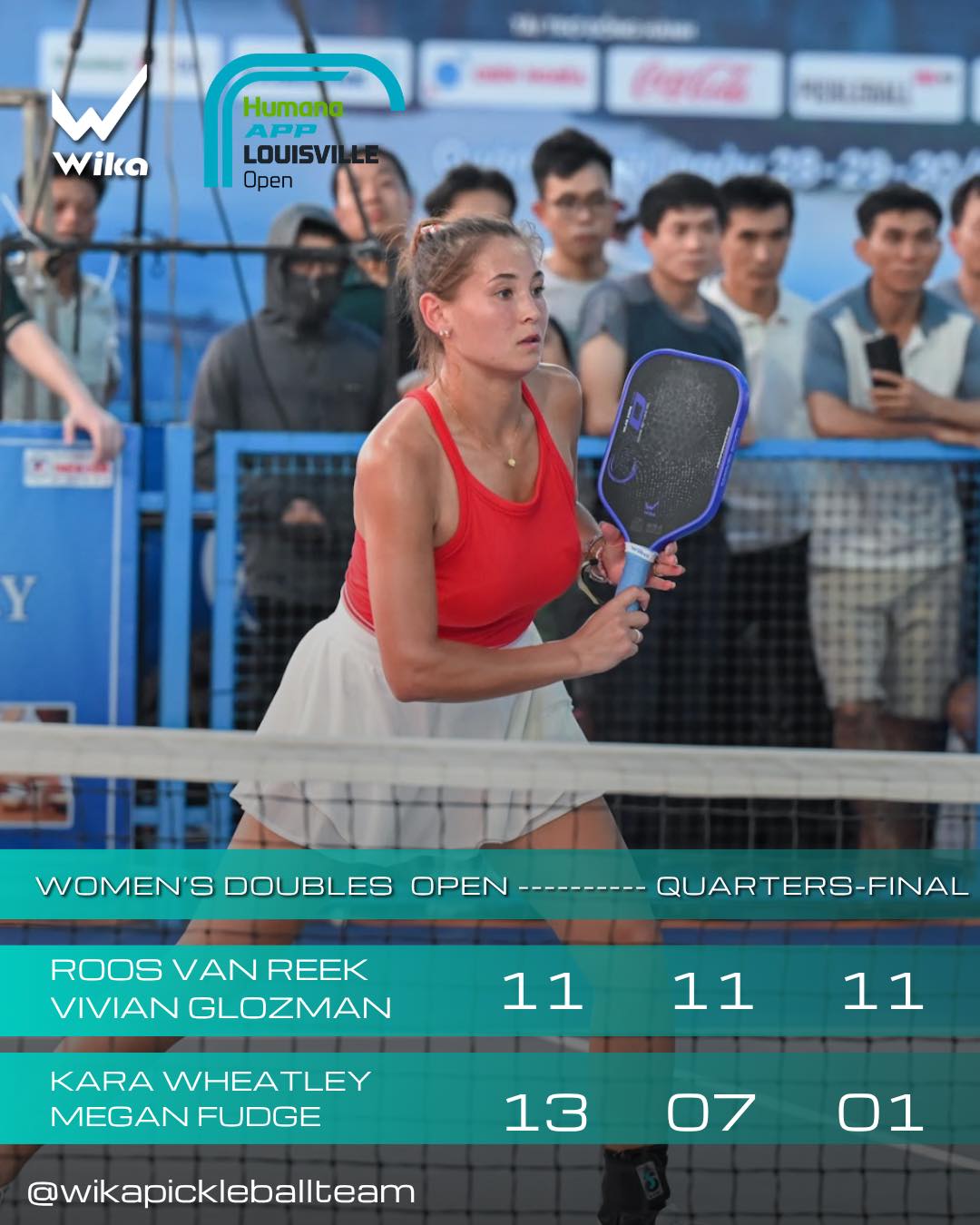 Wika graphic of the women's doubles quarterfinal scoreboard showing 11-13, 11-7, 11-1 against Kara Wheatley and Megan Fudge