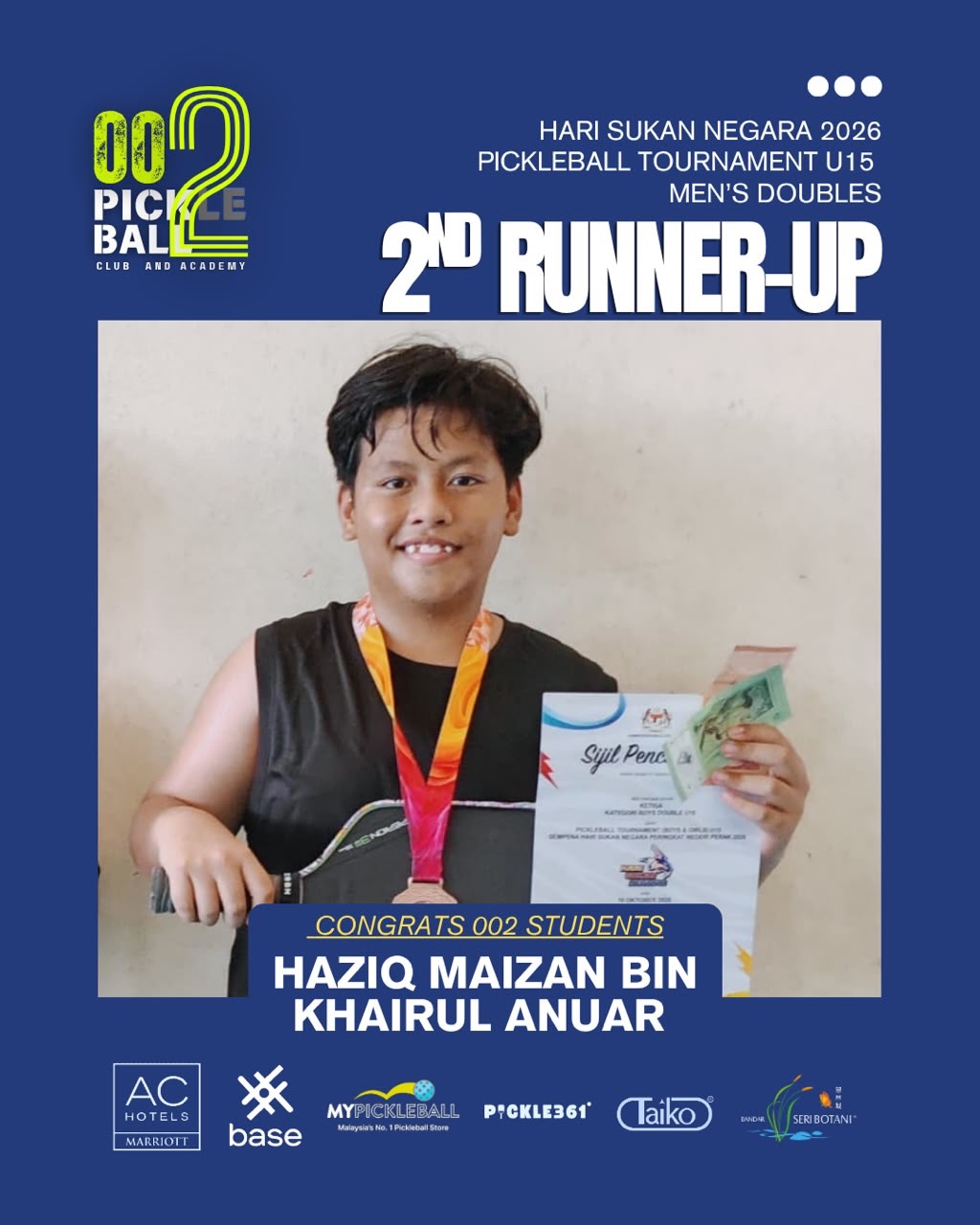 Haziq Maizan Bin Khairul Anuar with a medal and certificate, 2nd Runner-up graphic
