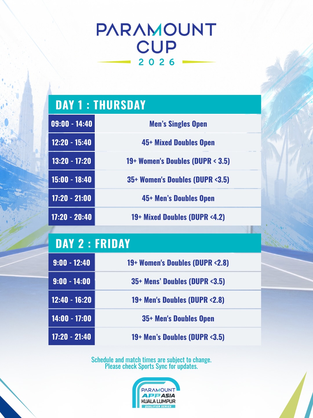 Paramount Cup 2026 match schedule for Day 1 Thursday and Day 2 Friday