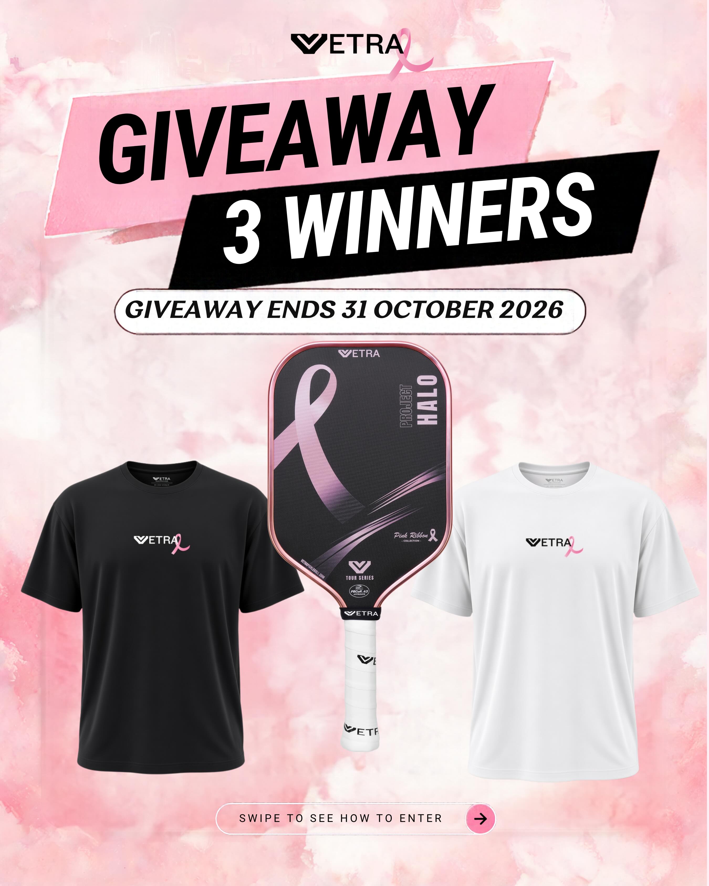 Vetra giveaway graphic reading Giveaway 3 Winners, ends 31 October 2026, with the pink paddle and two Comfort Tees.