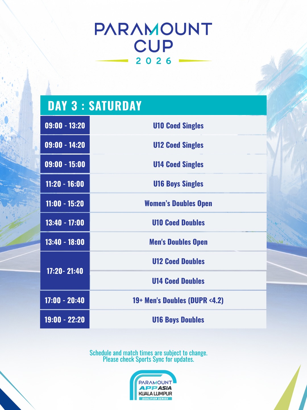 Paramount Cup 2026 match schedule for Day 3 Saturday, junior categories