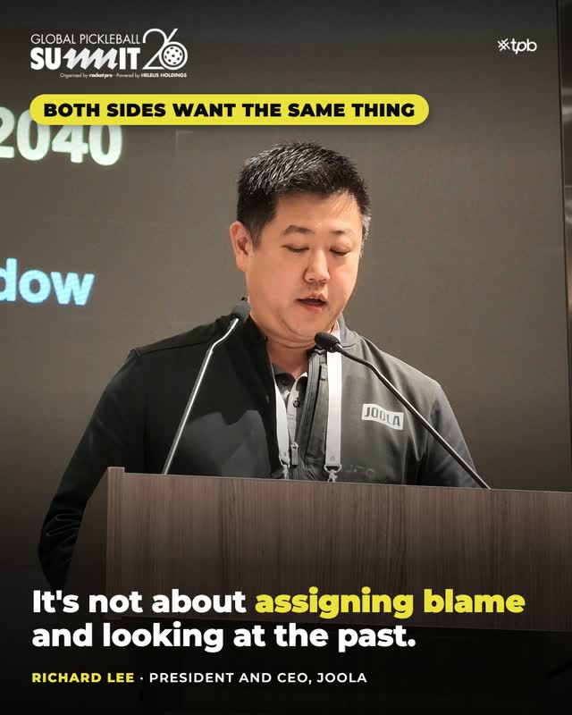 Richard Lee of JOOLA speaking at a podium at the Global Pickleball Summit, with a The Pickle Base quote overlay reading 'It's not about assigning blame and looking at the past.'