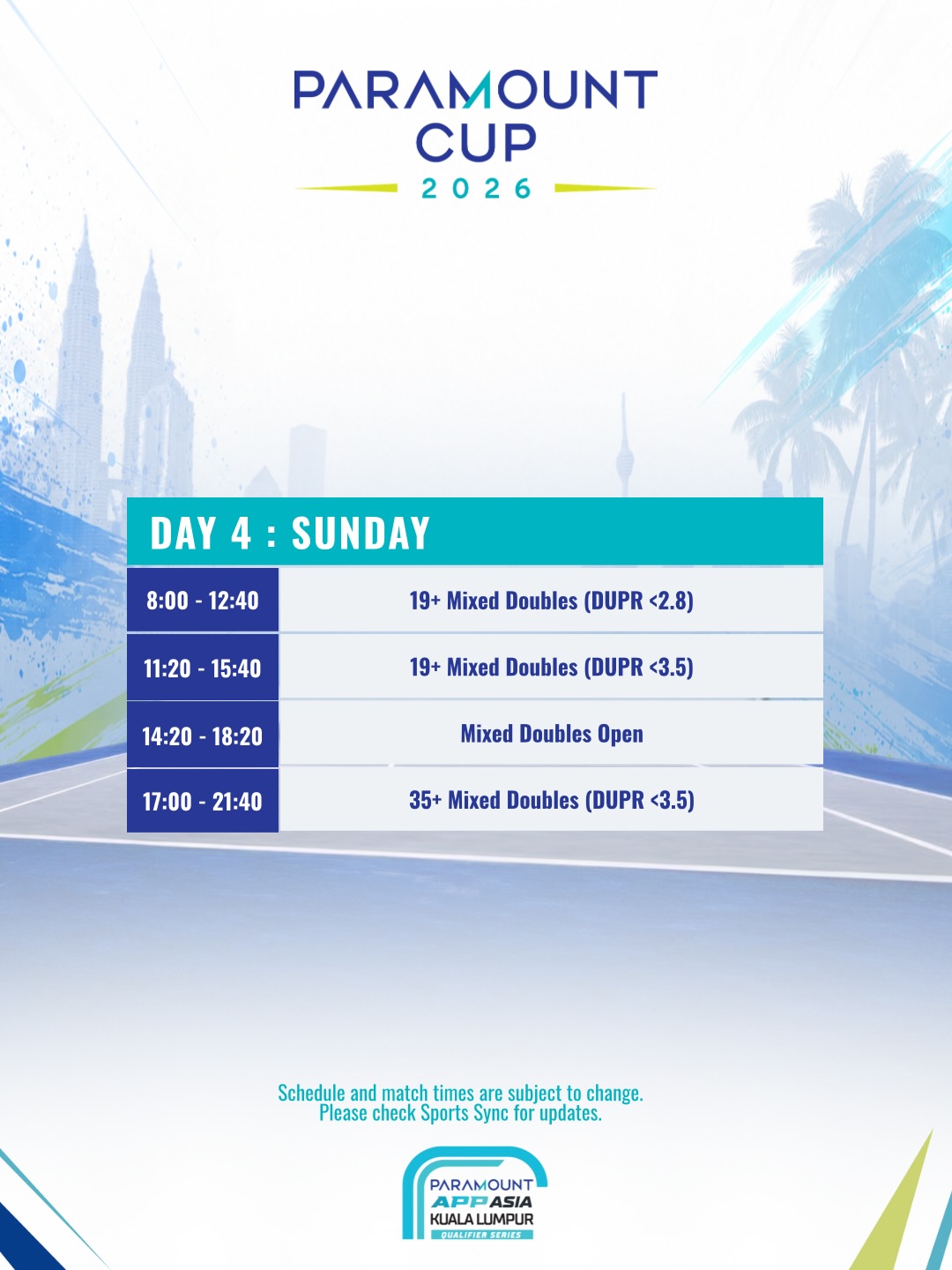 Paramount Cup 2026 match schedule for Day 4 Sunday, mixed doubles