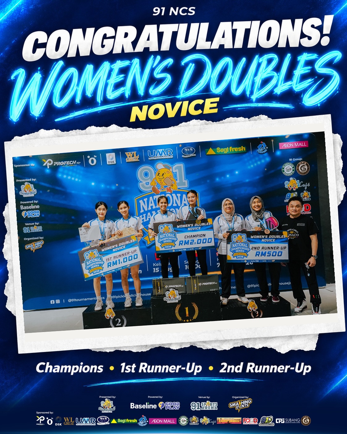 Women's Doubles Novice podium with prize cheques of RM2,000, RM1,000 and RM500