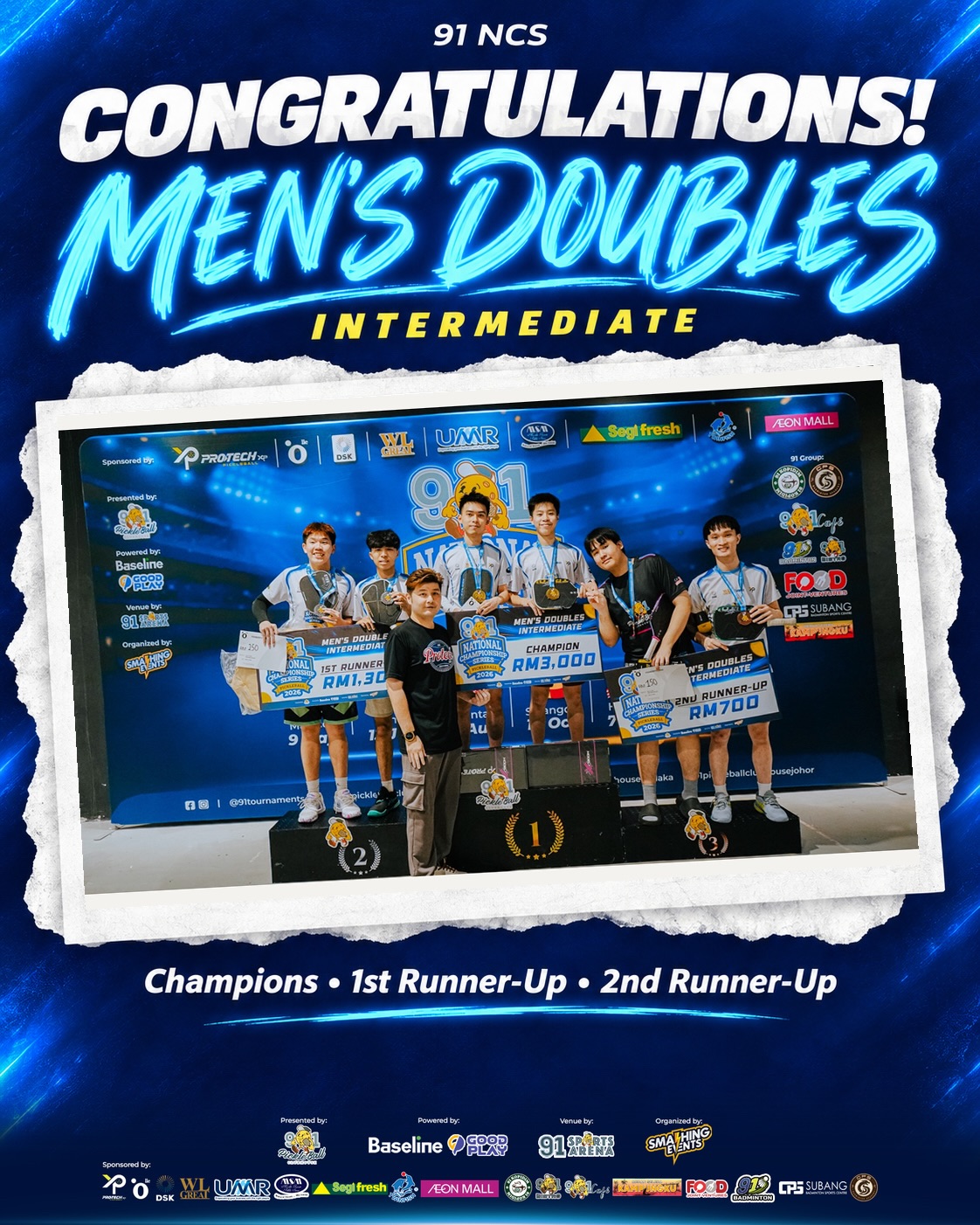 Men's Doubles Intermediate podium with prize cheques of RM3,000, RM1,300 and RM700