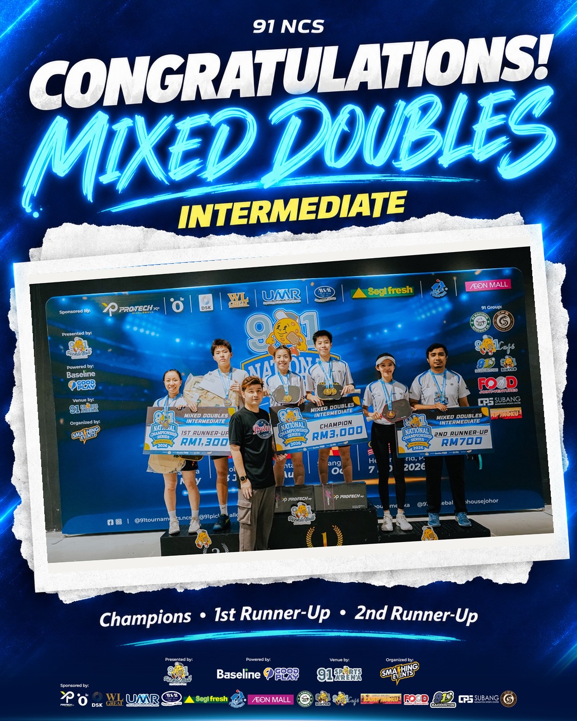 Mixed Doubles Intermediate podium with prize cheques of RM3,000, RM1,300 and RM700