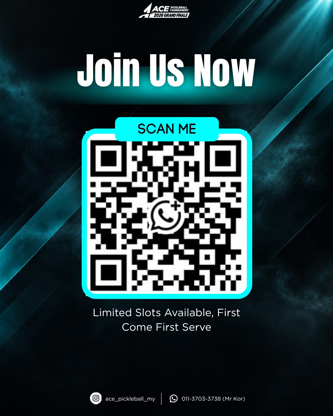 Join Us Now registration slide with a WhatsApp QR code, limited slots first come first serve