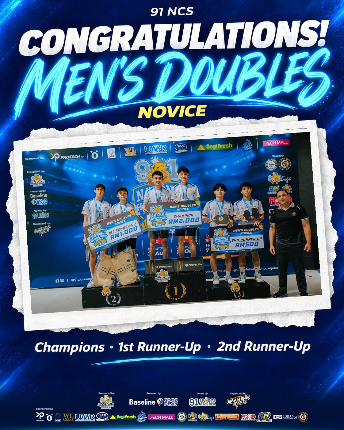 Men's Doubles Novice podium with prize cheques of RM2,000, RM1,000 and RM500