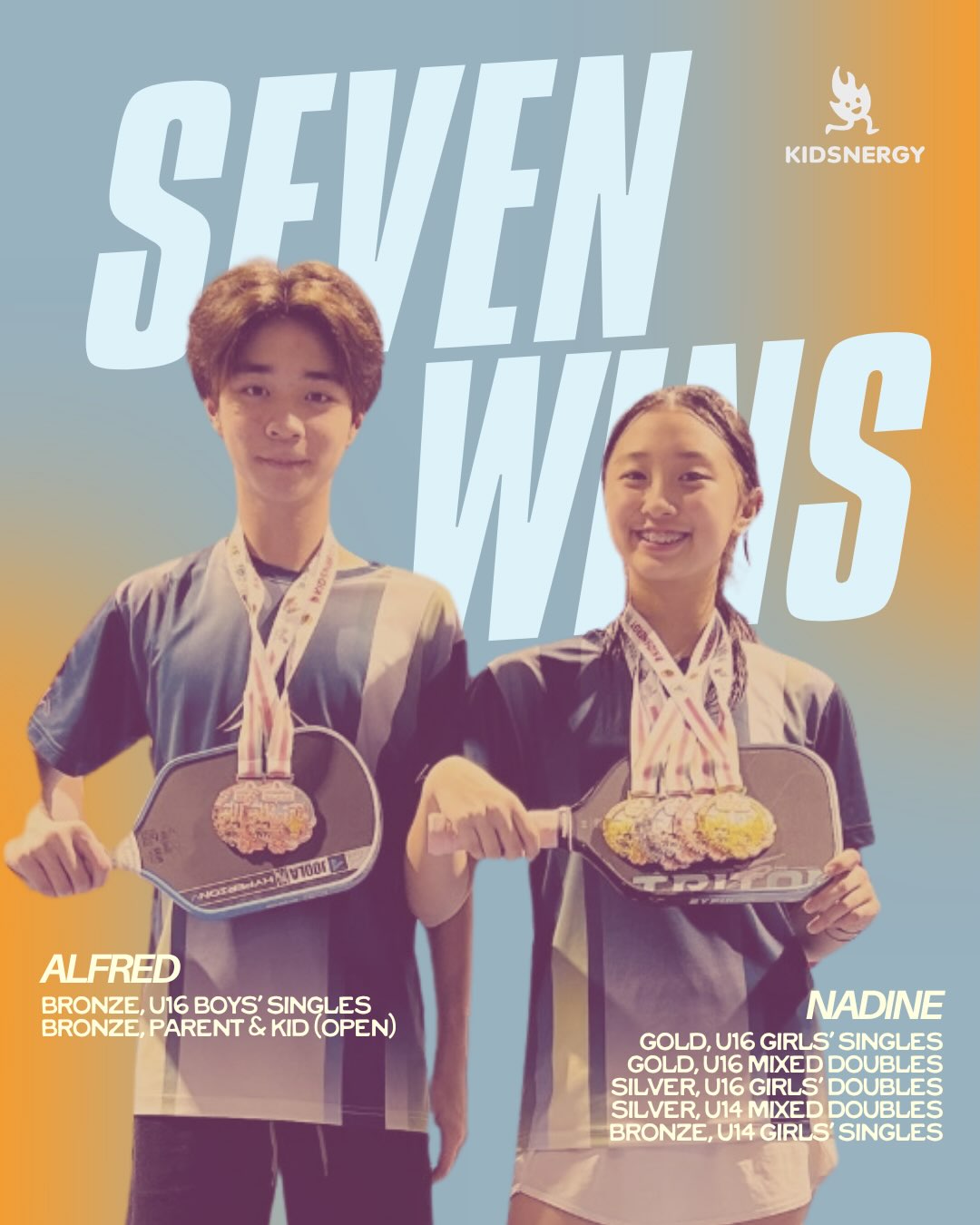 Seven Wins graphic showing Alfred and Nadine with their medals and the divisions they placed in