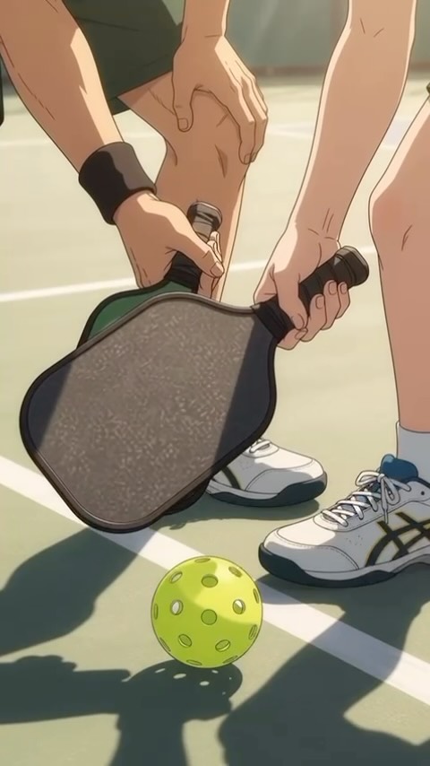 Illustrated close-up of two players' hands on a paddle beside a pickleball on a court