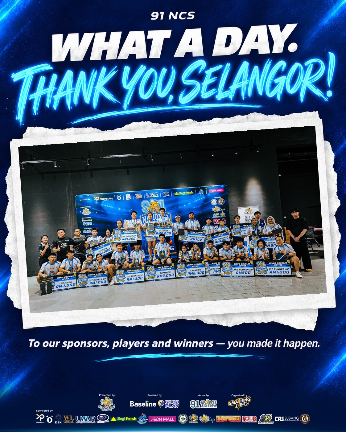 Group photo of players and winners holding prize cheques at the 91 NCS Selangor Tour